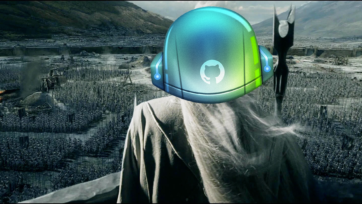 Saruman (Lord of the Rings, movie) contemplating his army, with the helmet of the GitHub Copilot mascot