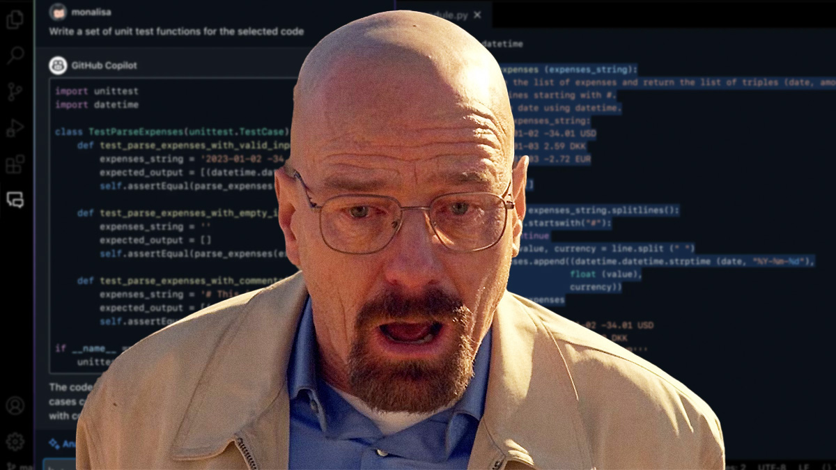 Close-up of a shocked Walter White (Breaking Bad) with a blurred background of GitHub Copilot